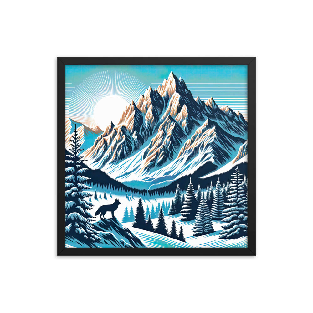 Vektorgrafik eines Wolfes im winterlichen Alpenmorgen, Berge mit Schnee- und Felsmustern - Premium Poster mit Rahmen berge xxx yyy zzz 45.7 x 45.7 cm