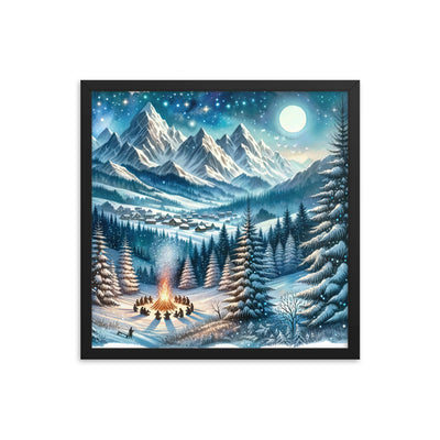 Aquarell eines Winterabends in den Alpen mit Lagerfeuer und Wanderern, glitzernder Neuschnee - Premium Poster mit Rahmen camping xxx yyy zzz 45.7 x 45.7 cm