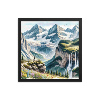 Aquarell-Panoramablick der Alpen mit schneebedeckten Gipfeln, Wasserfällen und Wanderern - Premium Poster mit Rahmen wandern xxx yyy zzz 45.7 x 45.7 cm