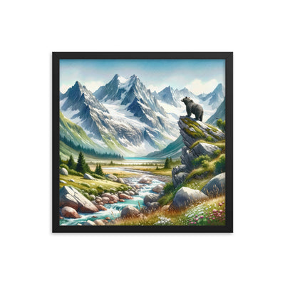 Aquarellmalerei eines Bären und der sommerlichen Alpenschönheit mit schneebedeckten Ketten - Premium Poster mit Rahmen camping xxx yyy zzz 45.7 x 45.7 cm