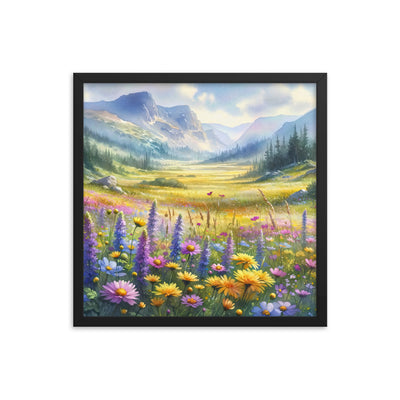 Aquarell einer Almwiese in Ruhe, Wildblumenteppich in Gelb, Lila, Rosa - Premium Poster mit Rahmen berge xxx yyy zzz 45.7 x 45.7 cm
