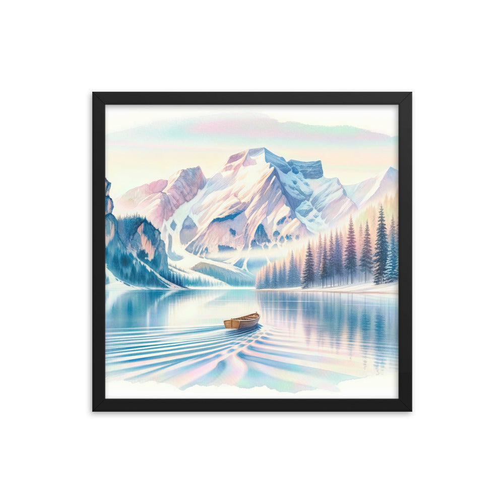 Aquarell eines klaren Alpenmorgens, Boot auf Bergsee in Pastelltönen - Premium Poster mit Rahmen berge xxx yyy zzz 45.7 x 45.7 cm