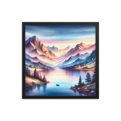 Aquarell einer Dämmerung in den Alpen, Boot auf einem See in Pastell-Licht - Premium Poster mit Rahmen berge xxx yyy zzz 45.7 x 45.7 cm
