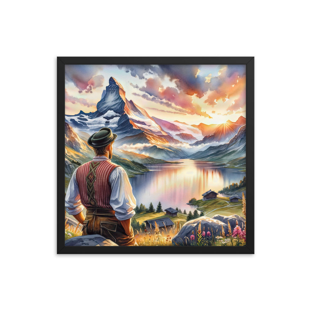 Aquarell einer Berglandschaft in der goldenen Stunde mit österreichischem Wanderer - Premium Poster mit Rahmen wandern xxx yyy zzz 45.7 x 45.7 cm