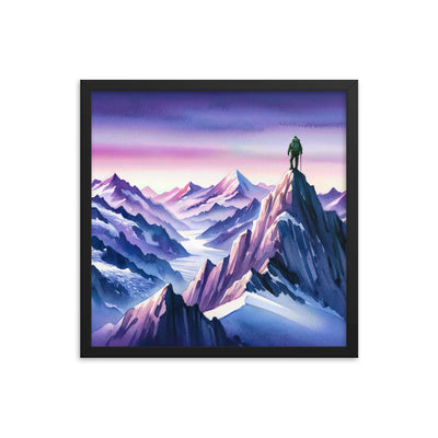 Aquarell eines Bergsteigers auf einem Alpengipfel in der Abenddämmerung - Premium Poster mit Rahmen wandern xxx yyy zzz 45.7 x 45.7 cm