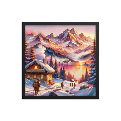Aquarell eines Alpenpanoramas mit Wanderern bei Sonnenuntergang in Rosa und Gold - Premium Poster mit Rahmen wandern xxx yyy zzz 45.7 x 45.7 cm