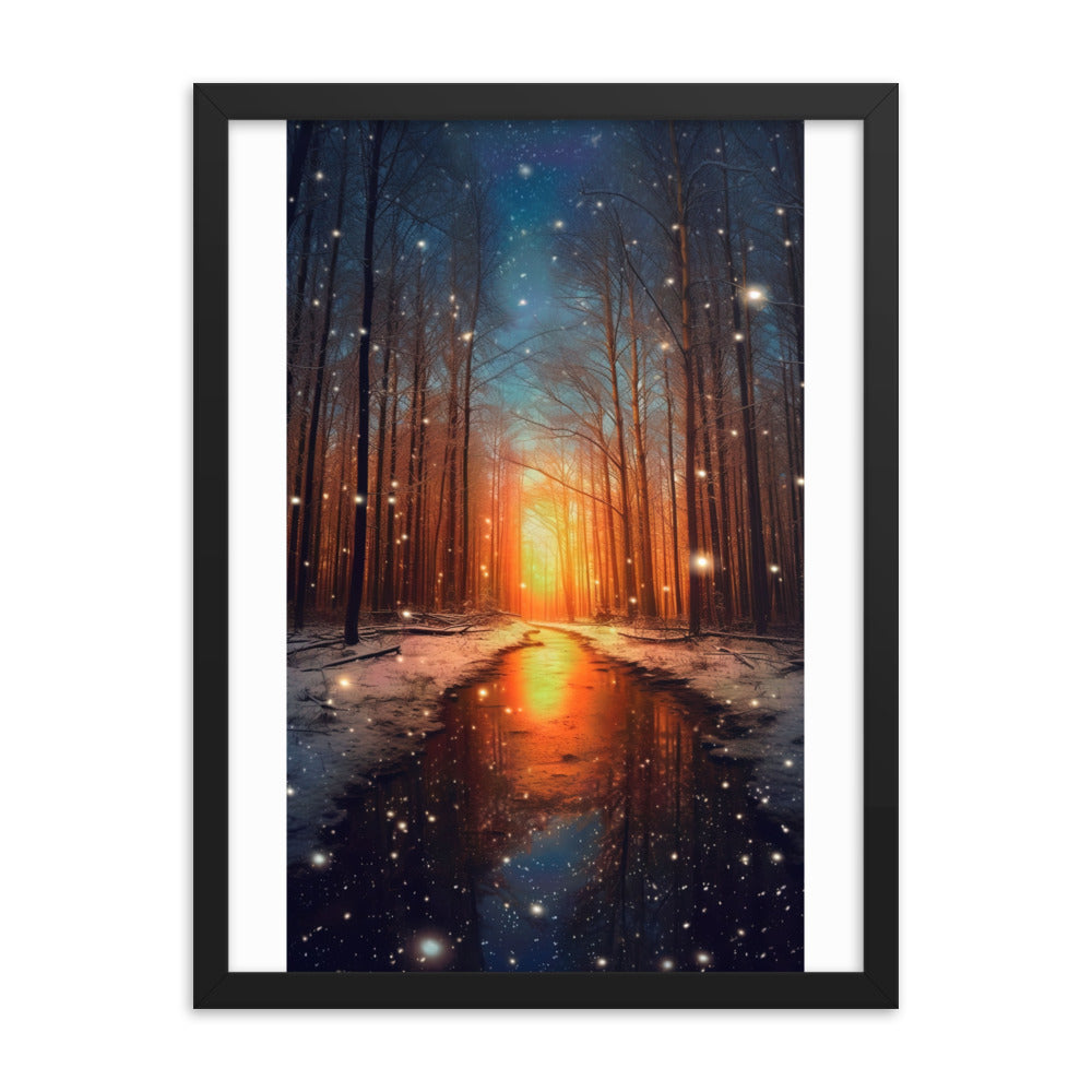 Bäume im Winter, Schnee, Sonnenaufgang und Fluss - Premium Poster mit Rahmen camping xxx Black 45.7 x 61 cm