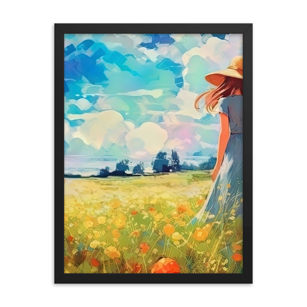 Dame mit Hut im Feld mit Blumen - Landschaftsmalerei - Premium Poster mit Rahmen camping xxx Black 45.7 x 61 cm