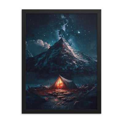 Zelt und Berg in der Nacht - Sterne am Himmel - Landschaftsmalerei - Premium Poster mit Rahmen camping xxx 45.7 x 61 cm