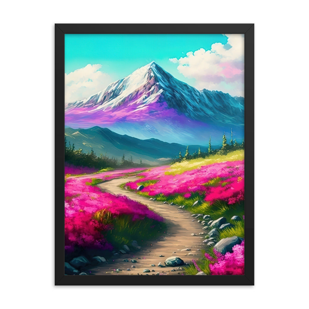 Berg, pinke Blumen und Wanderweg - Landschaftsmalerei - Premium Poster mit Rahmen berge xxx Black 45.7 x 61 cm