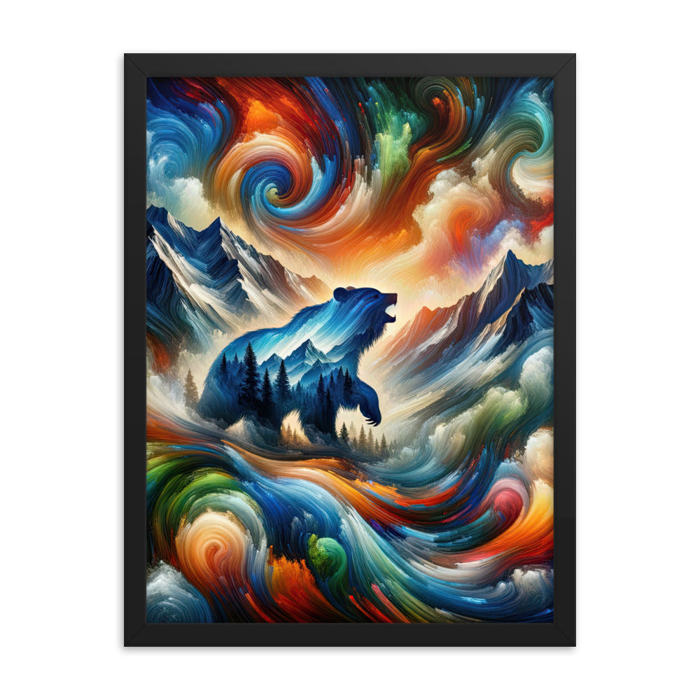 Lebendige Alpen und Bären Sillhouette über Berggipfel - Abstraktes Gemälde - Premium Poster mit Rahmen camping xxx yyy zzz 45.7 x 61 cm