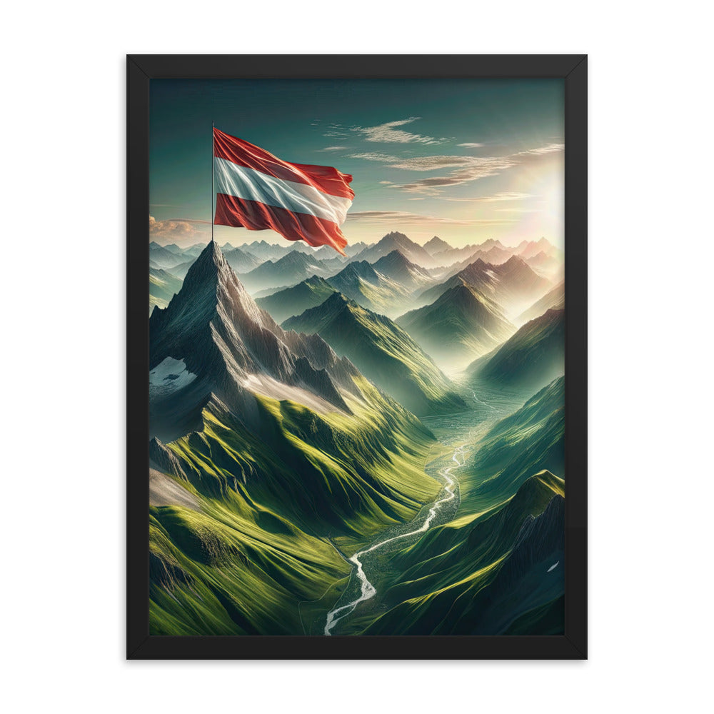 Alpen Gebirge: Fotorealistische Bergfläche mit Österreichischer Flagge - Premium Poster mit Rahmen berge xxx yyy zzz 45.7 x 61 cm