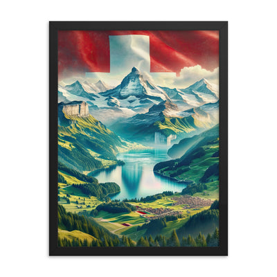 Berg Panorama: Schneeberge und Täler mit Schweizer Flagge - Premium Poster mit Rahmen berge xxx yyy zzz 45.7 x 61 cm