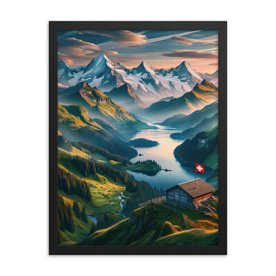 Schweizer Flagge, Alpenidylle: Dämmerlicht, epische Berge und stille Gewässer - Premium Poster mit Rahmen berge xxx yyy zzz 45.7 x 61 cm