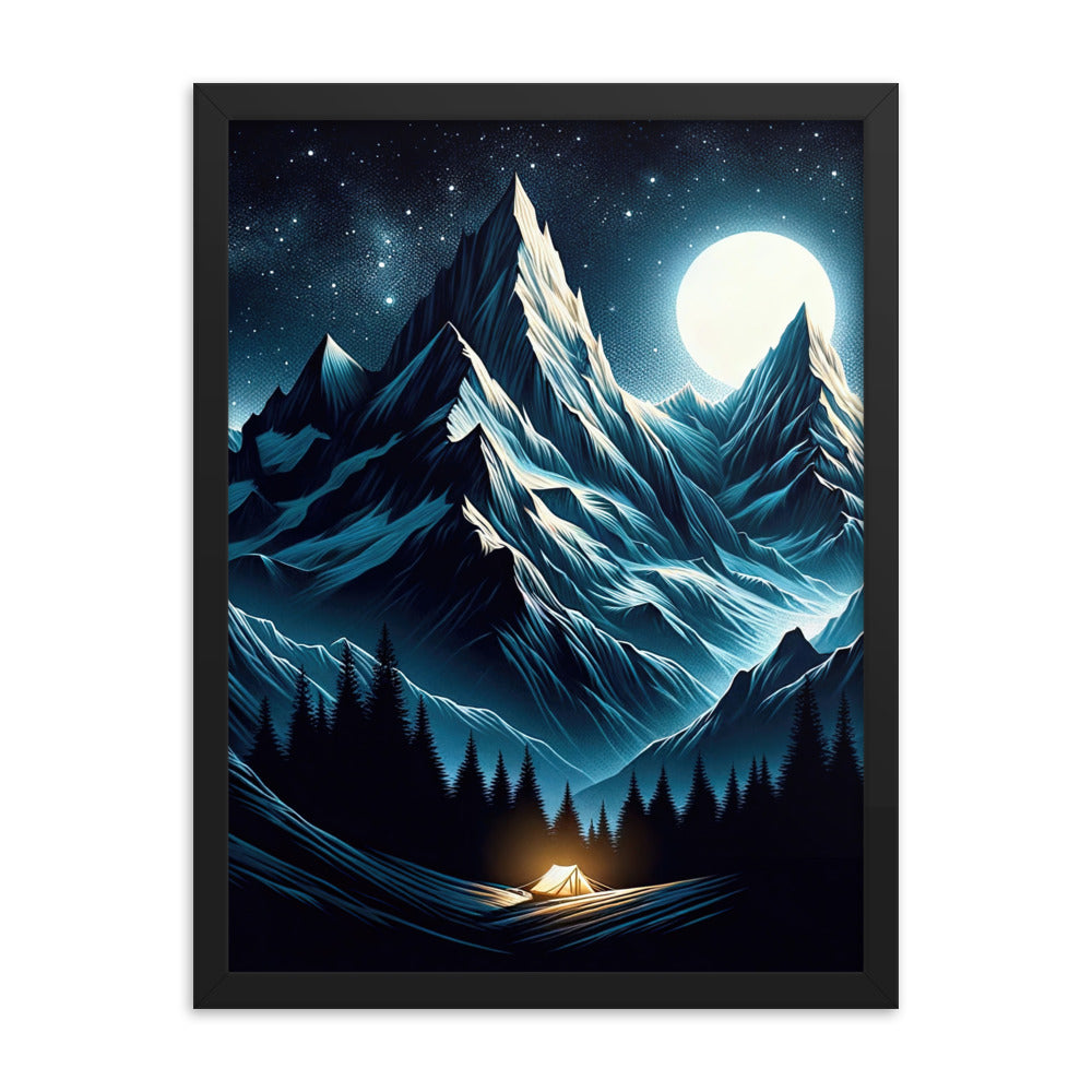 Alpennacht mit Zelt: Mondglanz auf Gipfeln und Tälern, sternenklarer Himmel - Premium Poster mit Rahmen berge xxx yyy zzz 45.7 x 61 cm