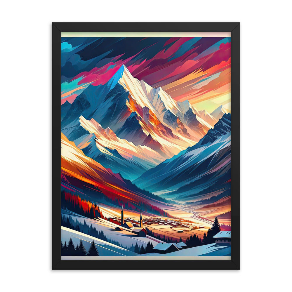 Moderne geometrische Alpen Kunst: Warmer Sonnenuntergangs Schein auf Schneegipfeln - Premium Poster mit Rahmen berge xxx yyy zzz 45.7 x 61 cm