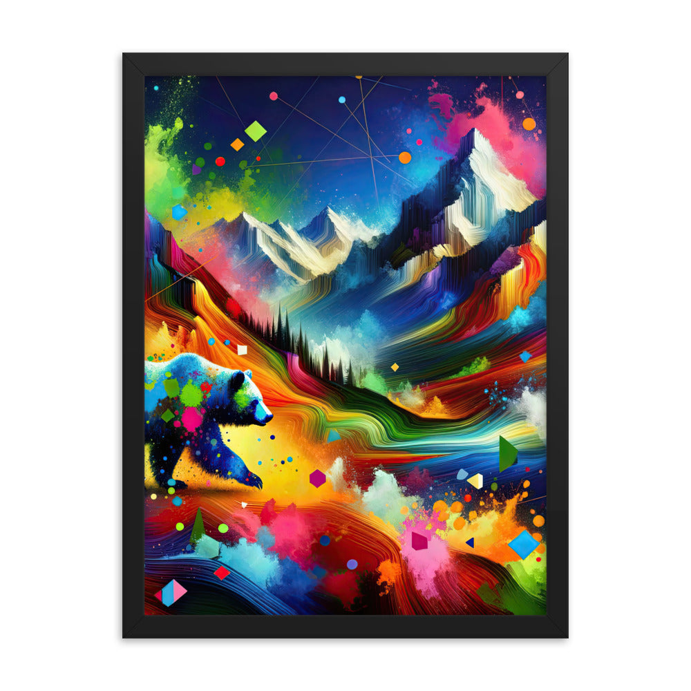 Neonfarbener Alpen Bär in abstrakten geometrischen Formen - Premium Poster mit Rahmen camping xxx yyy zzz 45.7 x 61 cm