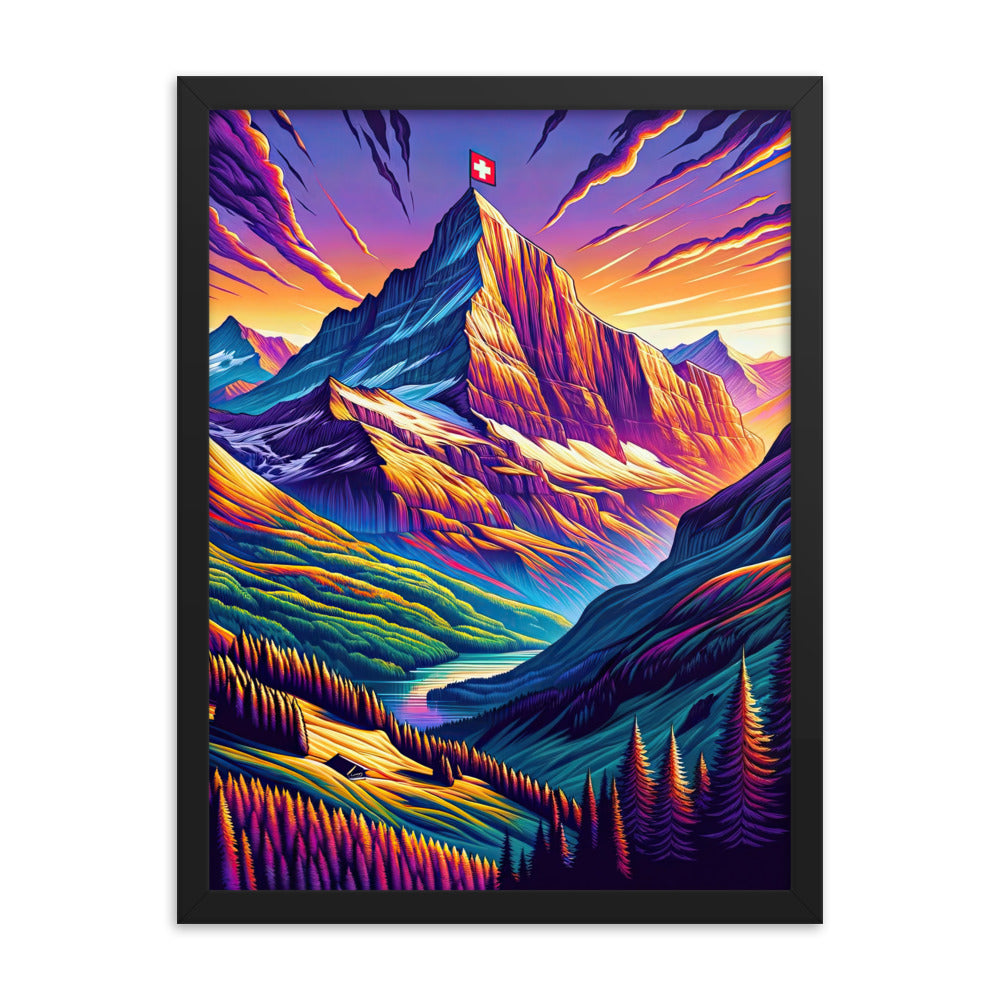 Bergpracht mit Schweizer Flagge: Farbenfrohe Illustration einer Berglandschaft - Premium Poster mit Rahmen berge xxx yyy zzz 45.7 x 61 cm