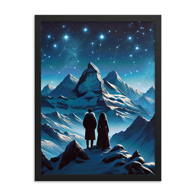Alpenwinternacht: Digitale Kunst mit Wanderern in Bergen und Sternenhimmel - Premium Poster mit Rahmen wandern xxx yyy zzz 45.7 x 61 cm