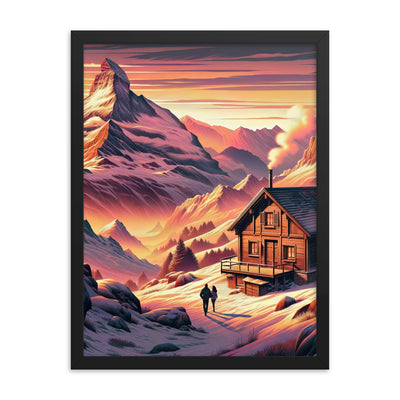 Berghütte im goldenen Sonnenuntergang: Digitale Alpenillustration - Premium Poster mit Rahmen berge xxx yyy zzz 45.7 x 61 cm