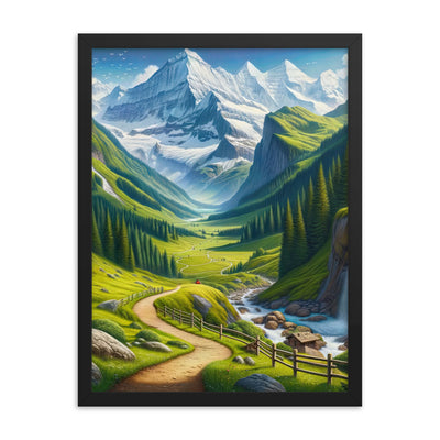 Wanderer in den Bergen und Wald: Digitale Malerei mit grünen kurvenreichen Pfaden - Premium Poster mit Rahmen wandern xxx yyy zzz 45.7 x 61 cm