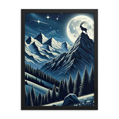 Steinbock in Alpennacht, silberne Berge und Sternenhimmel - Premium Poster mit Rahmen berge xxx yyy zzz 45.7 x 61 cm