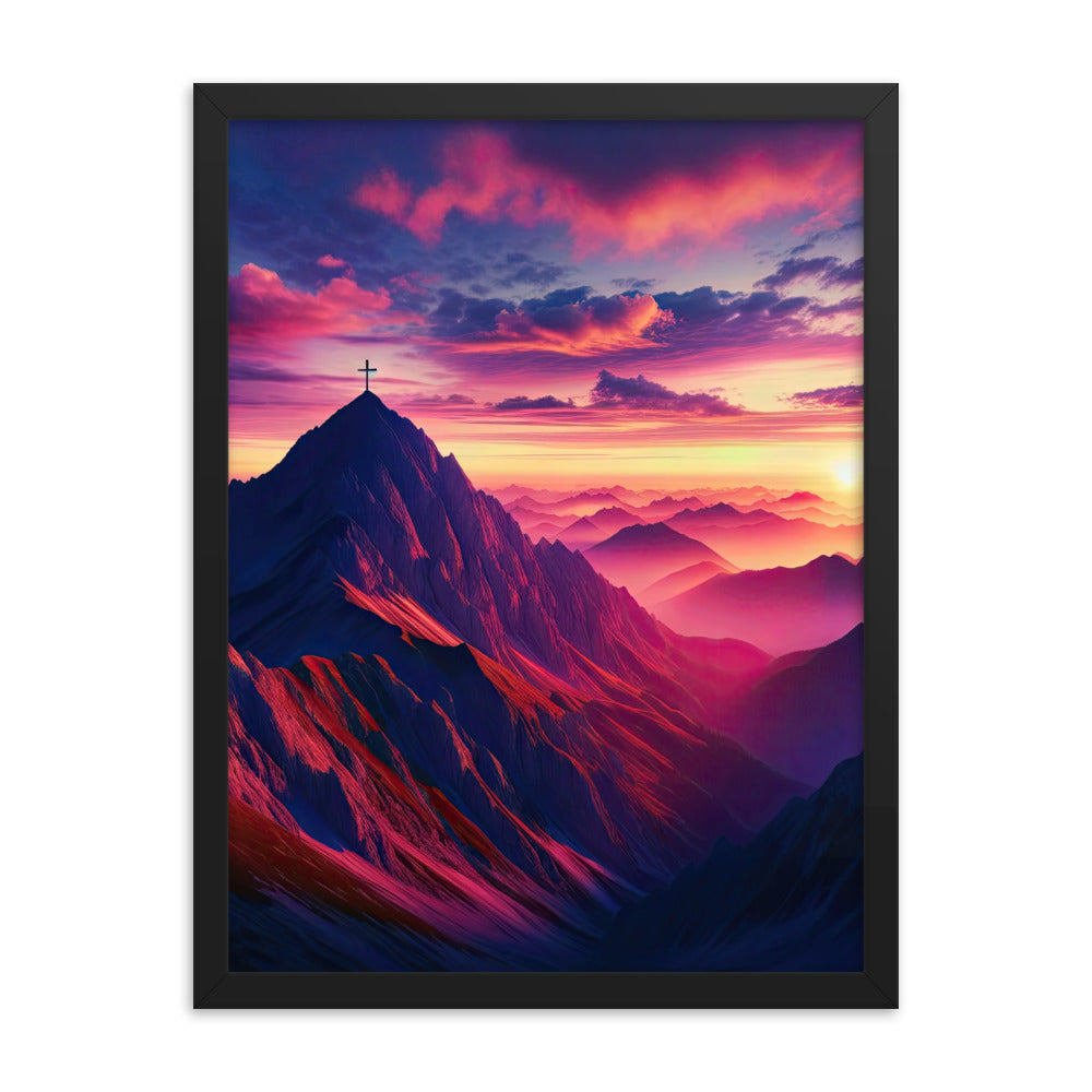 Dramatischer Alpen-Sonnenaufgang, Gipfelkreuz und warme Himmelsfarben - Premium Poster mit Rahmen berge xxx yyy zzz 45.7 x 61 cm