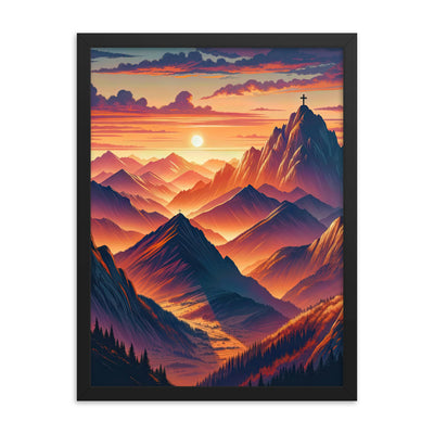 Dramatischer Alpen-Sonnenuntergang, Gipfelkreuz in Orange-Rosa - Premium Poster mit Rahmen berge xxx yyy zzz 45.7 x 61 cm