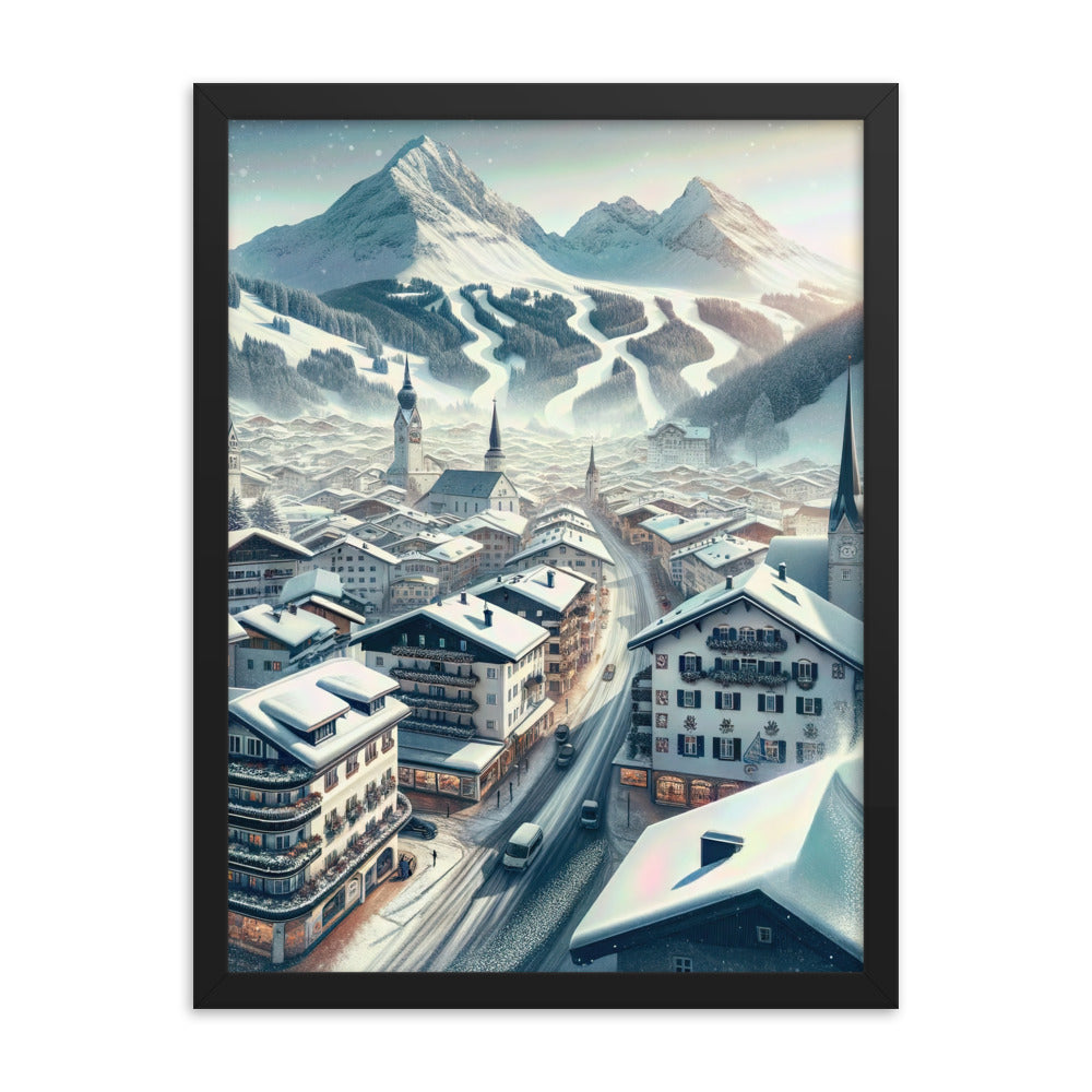 Winter in Kitzbühel: Digitale Malerei von schneebedeckten Dächern - Premium Poster mit Rahmen berge xxx yyy zzz 45.7 x 61 cm