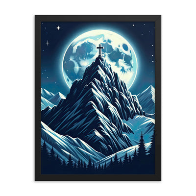 Mondnacht und Gipfelkreuz in den Alpen, glitzernde Schneegipfel - Premium Poster mit Rahmen berge xxx yyy zzz 45.7 x 61 cm