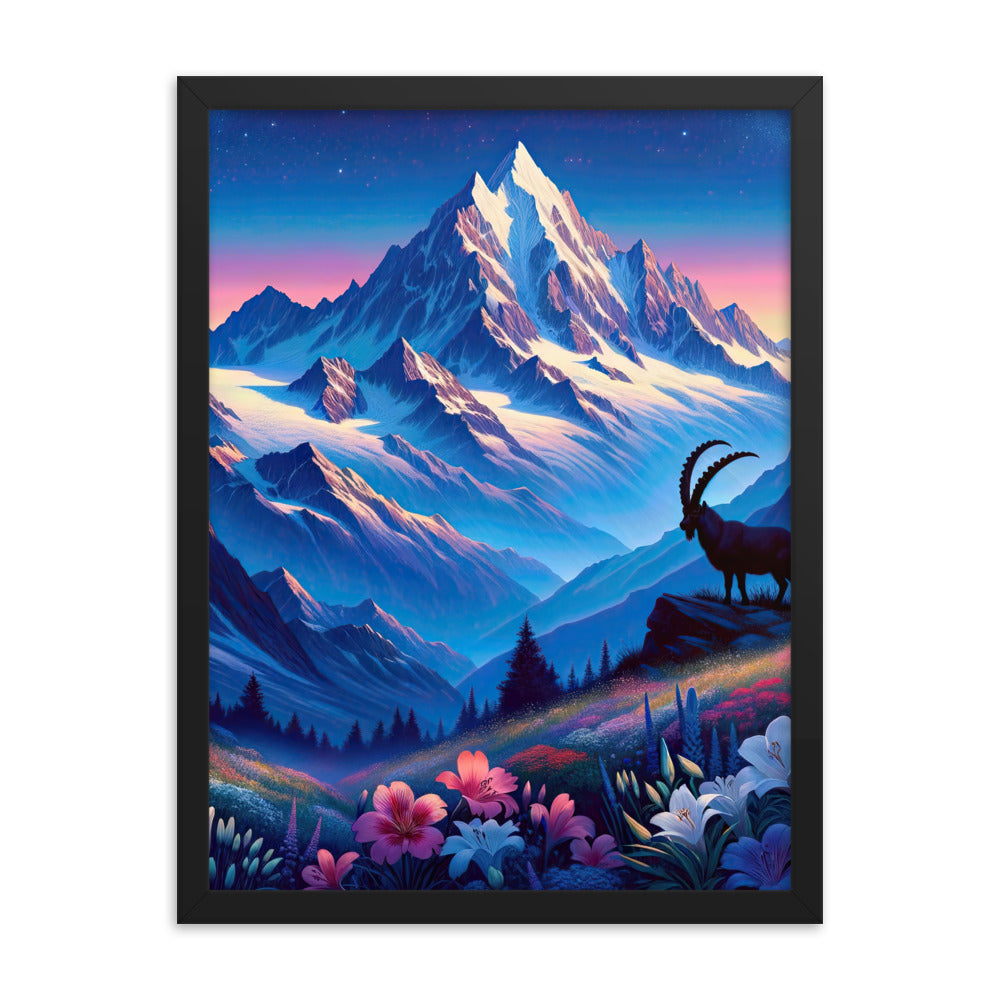 Steinbock bei Dämmerung in den Alpen, sonnengeküsste Schneegipfel - Premium Poster mit Rahmen berge xxx yyy zzz 45.7 x 61 cm