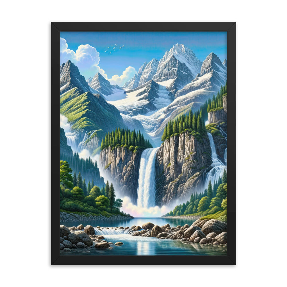 Illustration einer unberührten Alpenkulisse im Hochsommer. Wasserfall und See - Premium Poster mit Rahmen berge xxx yyy zzz 45.7 x 61 cm