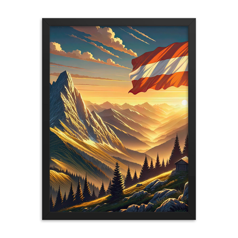 Ruhiger Alpenabend mit österreichischer Flagge und goldenem Sonnenuntergang - Premium Poster mit Rahmen berge xxx yyy zzz 45.7 x 61 cm