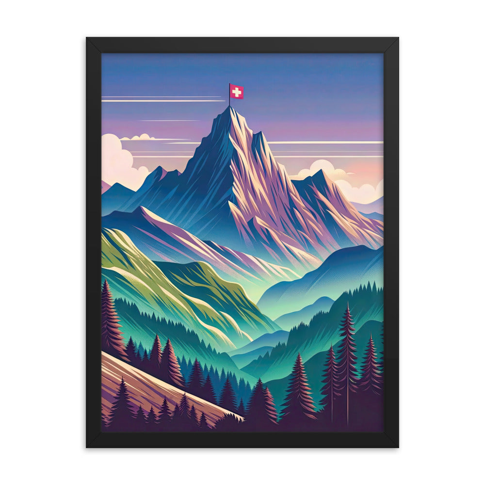 Harmonische Berglandschaft mit Schweizer Flagge auf Gipfel - Premium Poster mit Rahmen berge xxx yyy zzz 45.7 x 61 cm