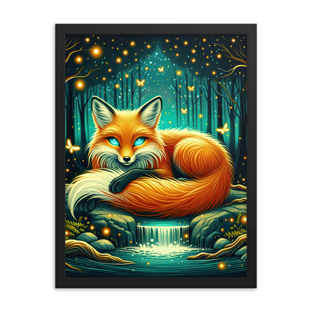 Bezaubernder Fuchs auf erleuchteter mystischer Waldlichtung - Premium Poster mit Rahmen camping xxx yyy zzz 45.7 x 61 cm