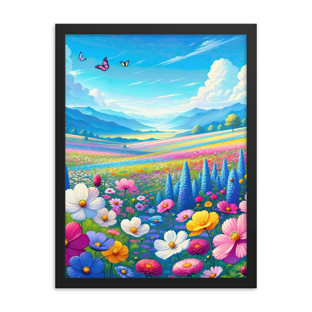 Weitläufiges Blumenfeld unter himmelblauem Himmel, leuchtende Flora - Premium Poster mit Rahmen camping xxx yyy zzz 45.7 x 61 cm