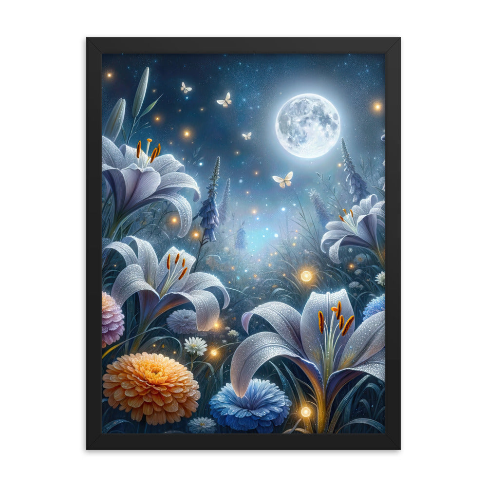 Ätherische Mondnacht auf blühender Wiese, silbriger Blumenglanz - Premium Poster mit Rahmen camping xxx yyy zzz 45.7 x 61 cm