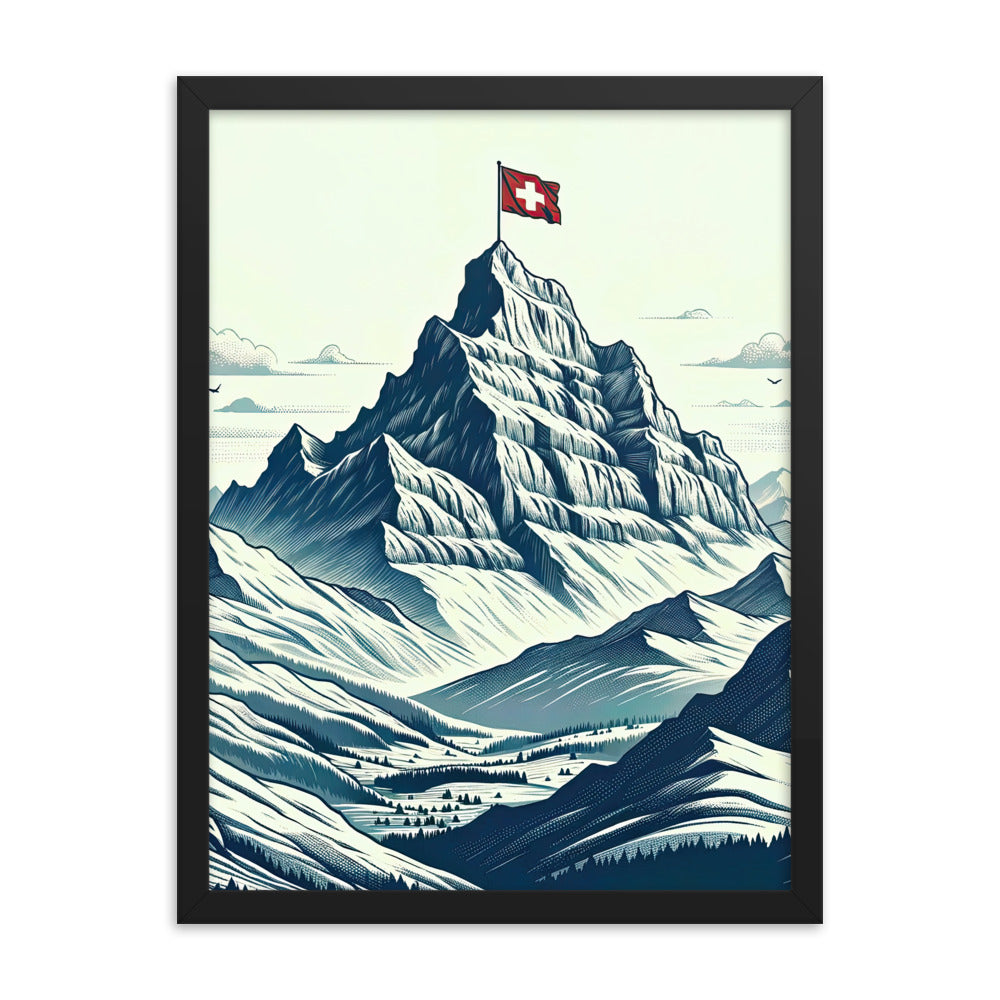 Ausgedehnte Bergkette mit dominierendem Gipfel und wehender Schweizer Flagge - Premium Poster mit Rahmen berge xxx yyy zzz 45.7 x 61 cm
