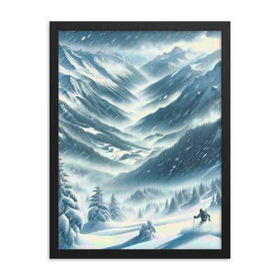 Alpine Wildnis im Wintersturm mit Skifahrer, verschneite Landschaft - Premium Poster mit Rahmen klettern ski xxx yyy zzz 45.7 x 61 cm