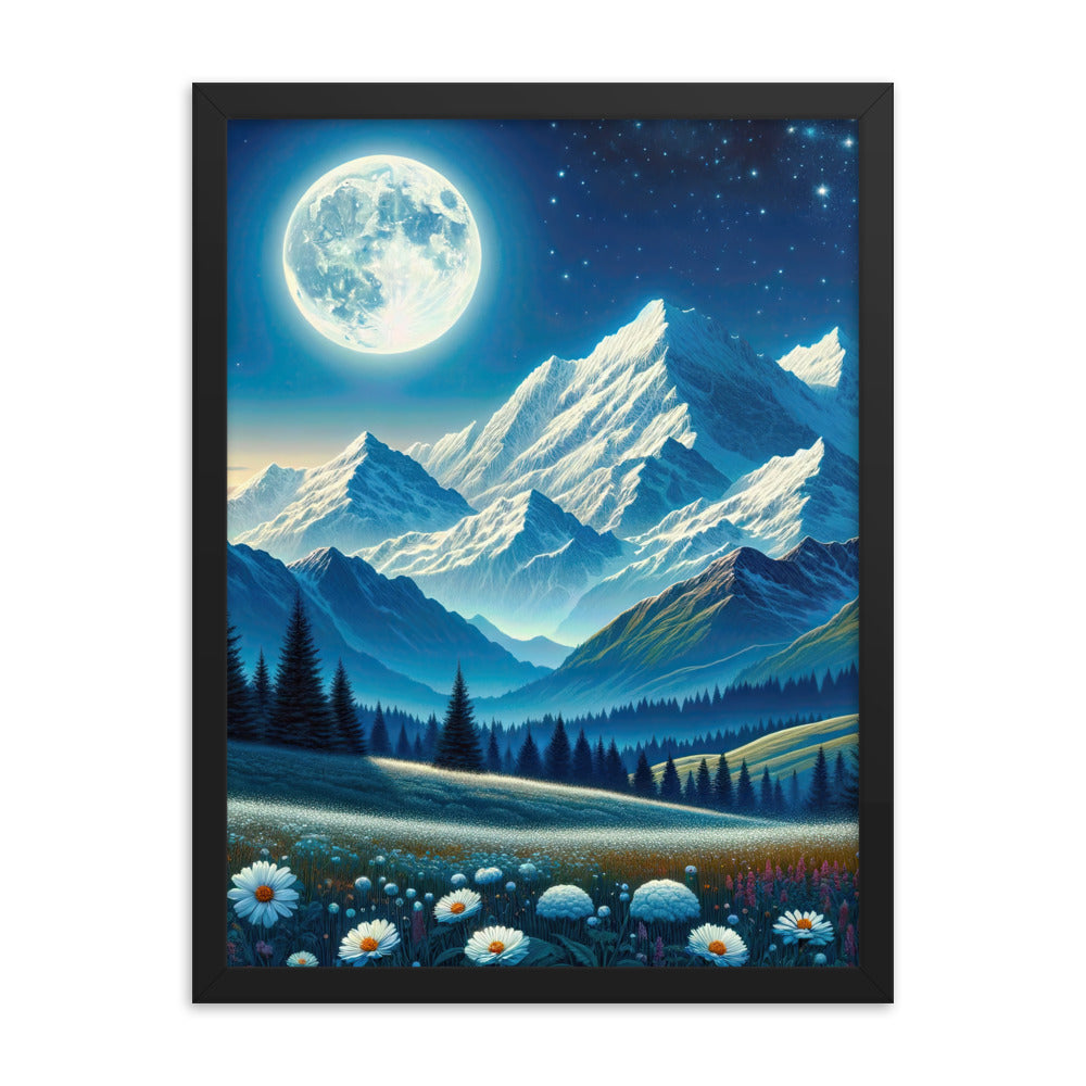 Klare frühlingshafte Alpennacht mit Blumen und Vollmond über Schneegipfeln - Premium Poster mit Rahmen berge xxx yyy zzz 45.7 x 61 cm