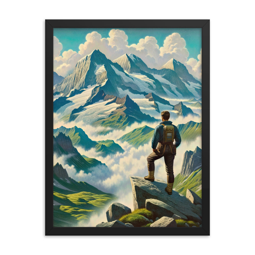 Panoramablick der Alpen mit Wanderer auf einem Hügel und schroffen Gipfeln - Premium Poster mit Rahmen wandern xxx yyy zzz 45.7 x 61 cm