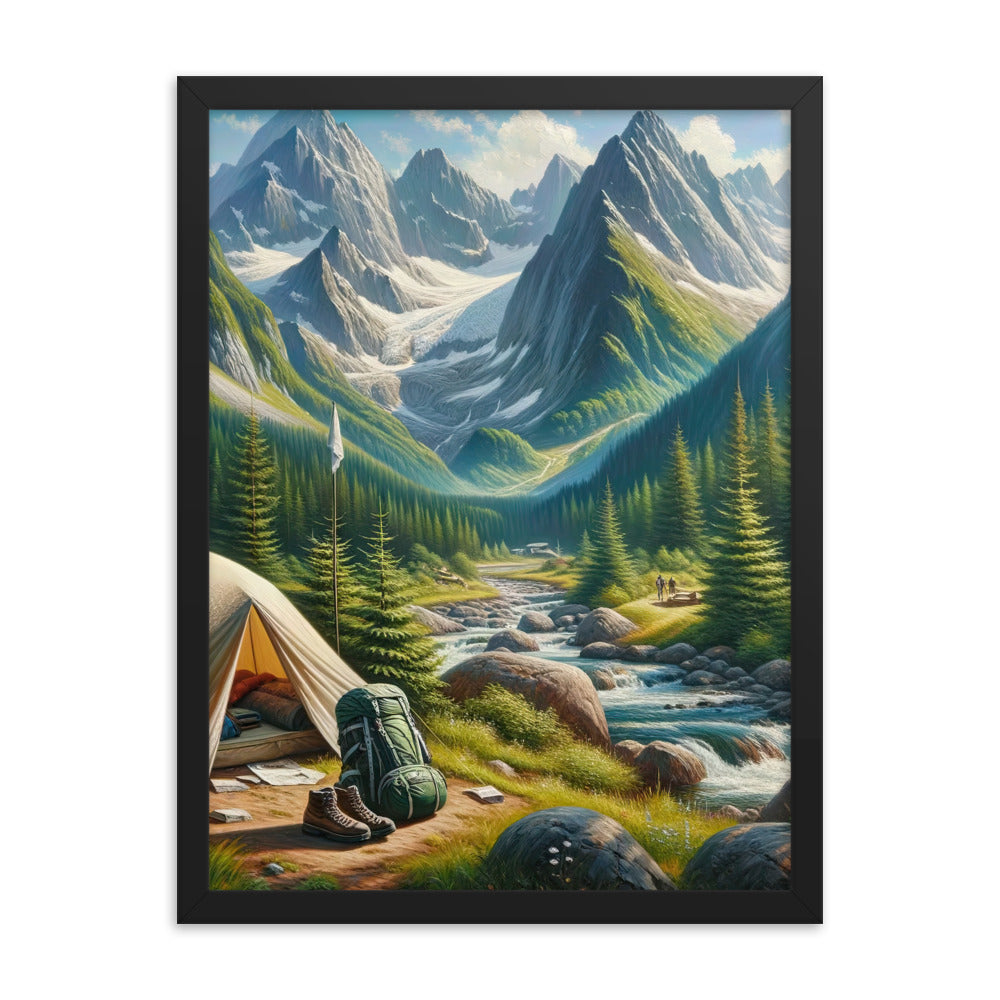 Ölgemälde der Alpensommerlandschaft mit Zelt, Gipfeln, Wäldern und Bächen - Premium Poster mit Rahmen camping xxx yyy zzz 45.7 x 61 cm
