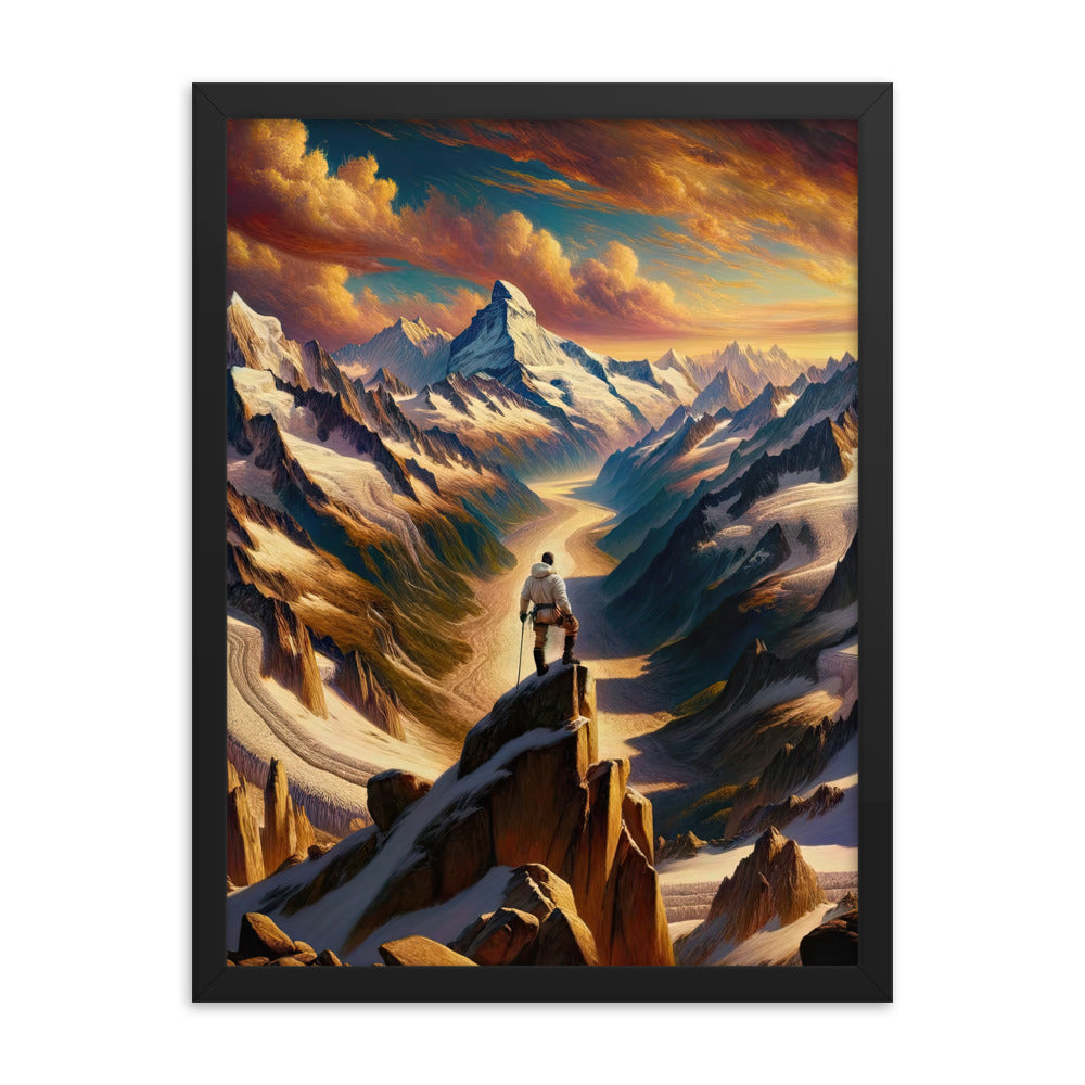 Ölgemälde eines Wanderers auf einem Hügel mit Panoramablick auf schneebedeckte Alpen und goldenen Himmel - Enhanced Matte Paper Framed wandern xxx yyy zzz 45.7 x 61 cm