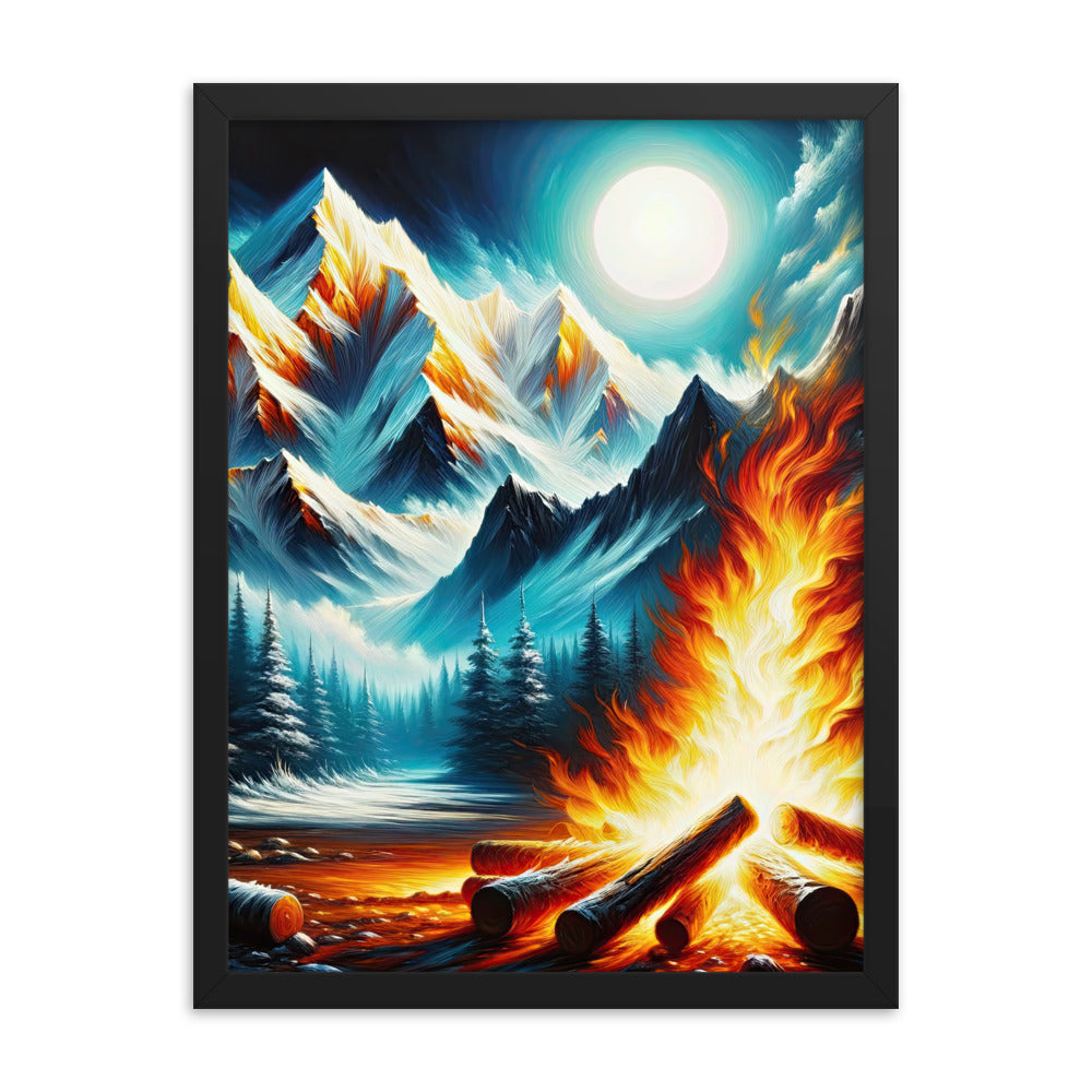 Ölgemälde von Feuer und Eis: Lagerfeuer und Alpen im Kontrast, warme Flammen - Premium Poster mit Rahmen camping xxx yyy zzz 45.7 x 61 cm