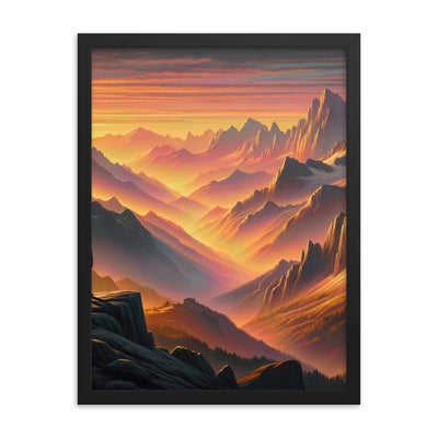 Ölgemälde der Alpen in der goldenen Stunde mit Wanderer, Orange-Rosa Bergpanorama - Premium Poster mit Rahmen wandern xxx yyy zzz 45.7 x 61 cm