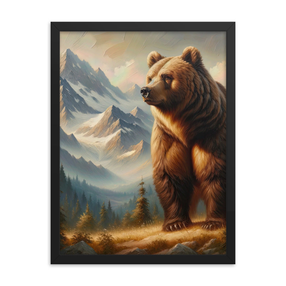 Ölgemälde eines königlichen Bären vor der majestätischen Alpenkulisse - Premium Poster mit Rahmen camping xxx yyy zzz 45.7 x 61 cm