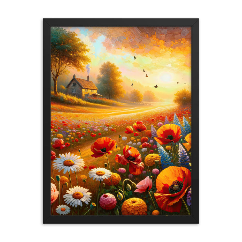 Ölgemälde eines Blumenfeldes im Sonnenuntergang, leuchtende Farbpalette - Premium Poster mit Rahmen camping xxx yyy zzz 45.7 x 61 cm