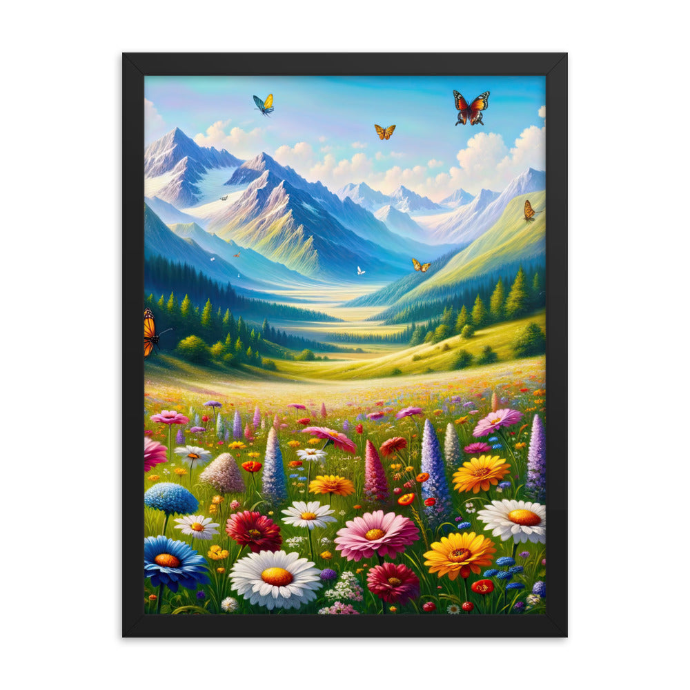 Ölgemälde einer ruhigen Almwiese, Oase mit bunter Wildblumenpracht - Premium Poster mit Rahmen camping xxx yyy zzz 45.7 x 61 cm