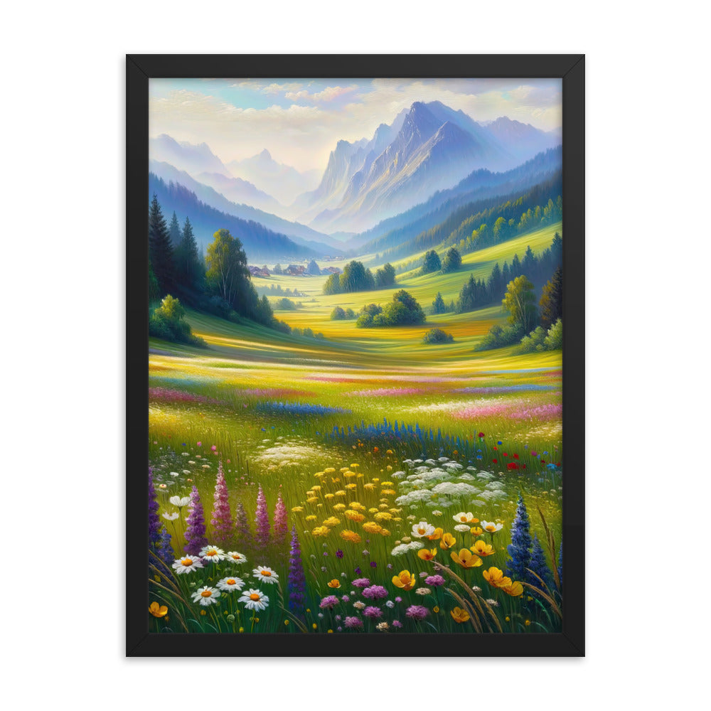 Ölgemälde einer Almwiese, Meer aus Wildblumen in Gelb- und Lilatönen - Premium Poster mit Rahmen berge xxx yyy zzz 45.7 x 61 cm