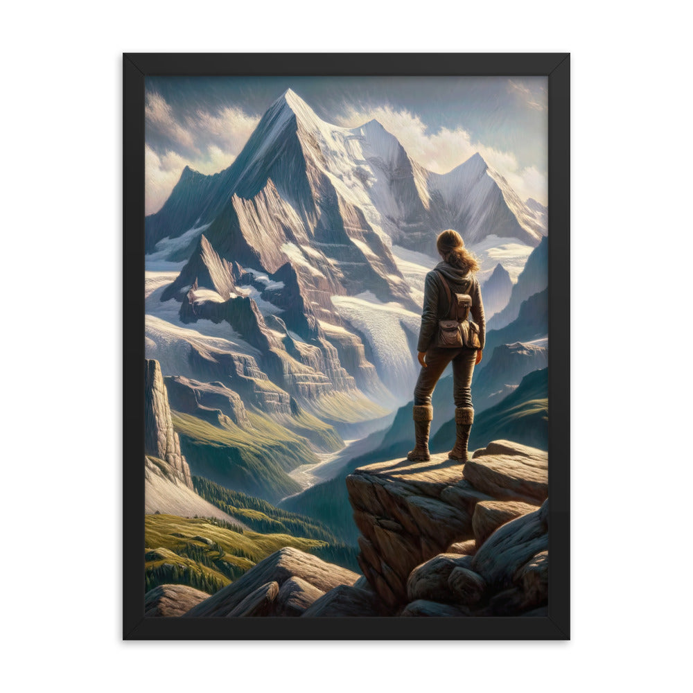 Ölgemälde der Alpengipfel mit Schweizer Abenteurerin auf Felsvorsprung - Premium Poster mit Rahmen wandern xxx yyy zzz 45.7 x 61 cm